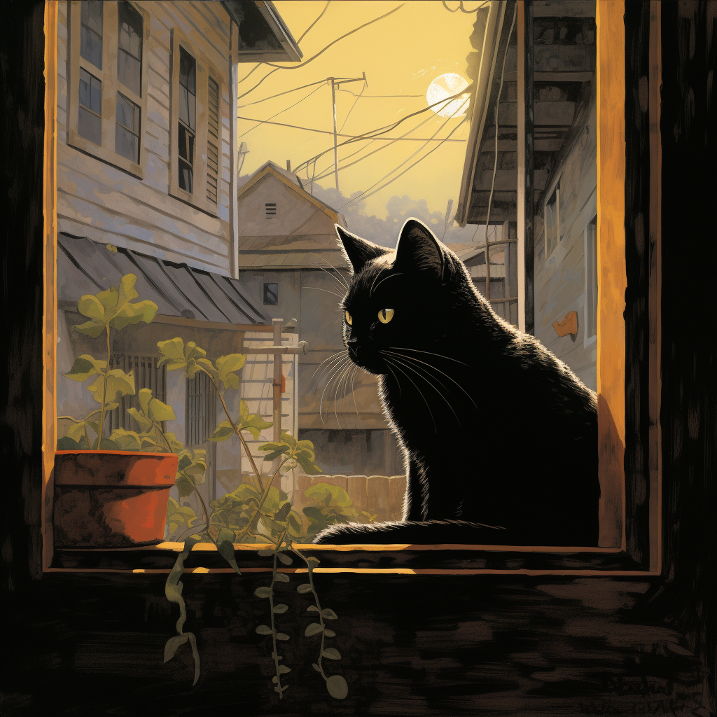 Illustration of Fat Black Cat Peering Out Window