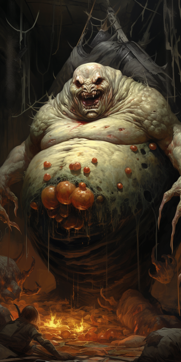 Fantasy art painting of a fat bloated zombie exploding