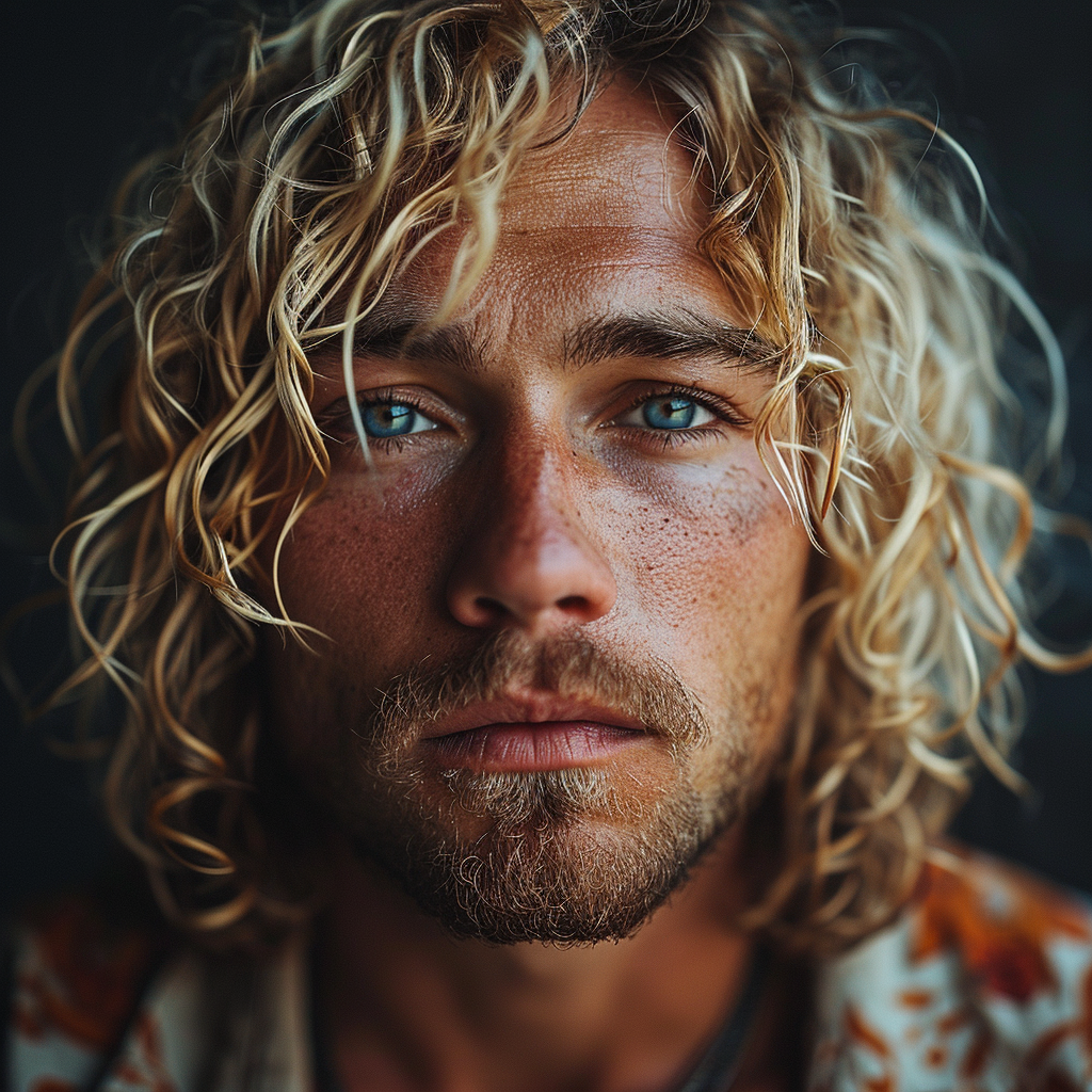 Strong man with blonde curly hair taking steroids