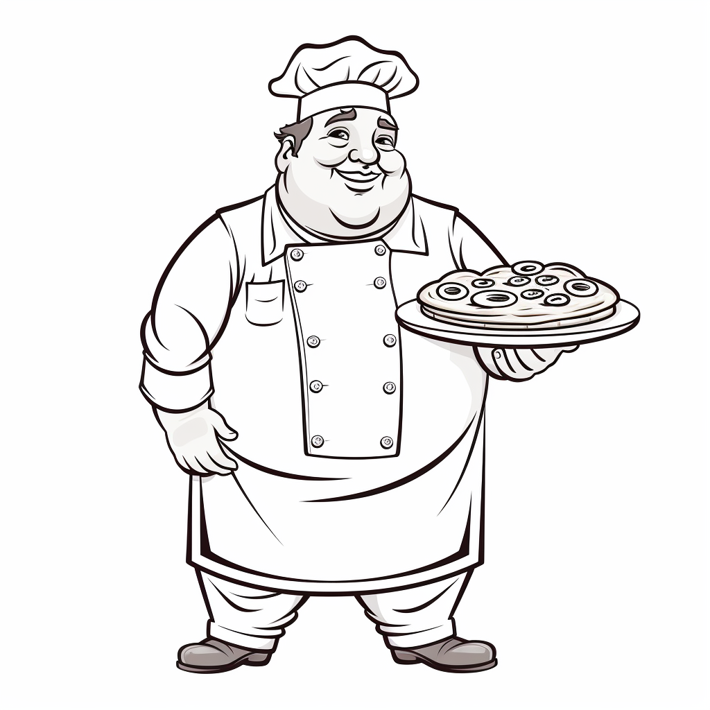 Fat chef holding pizza cartoon