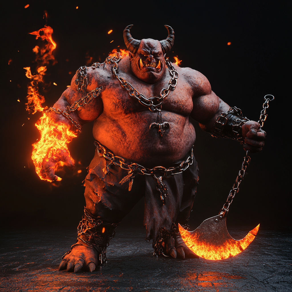 Fat demon on fire with cleaver