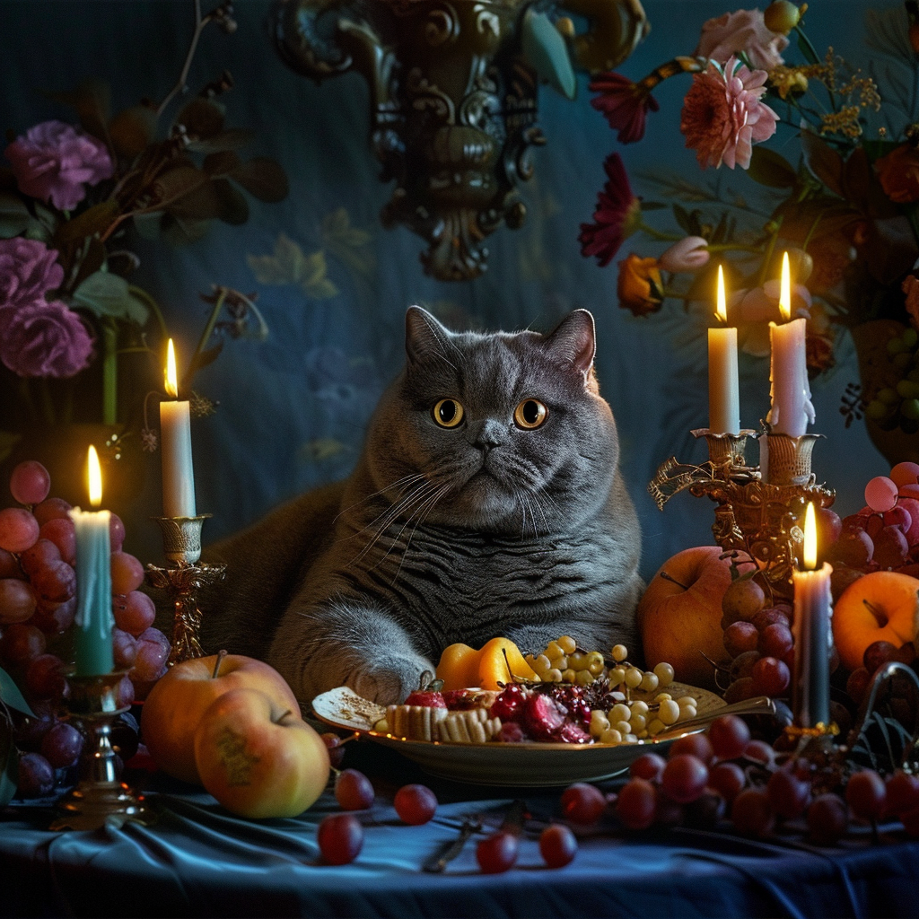 fat gray British shorthair cat feast