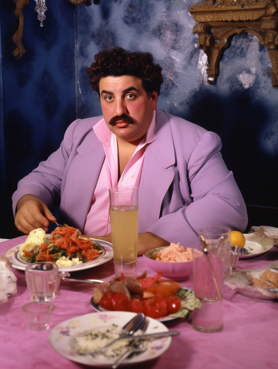 Fat Greek Man enjoying Greek delicacies