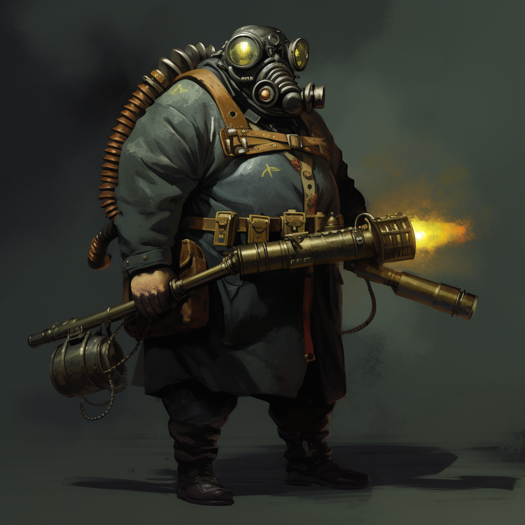 Fat man in army suit with rocket launcher and gas mask