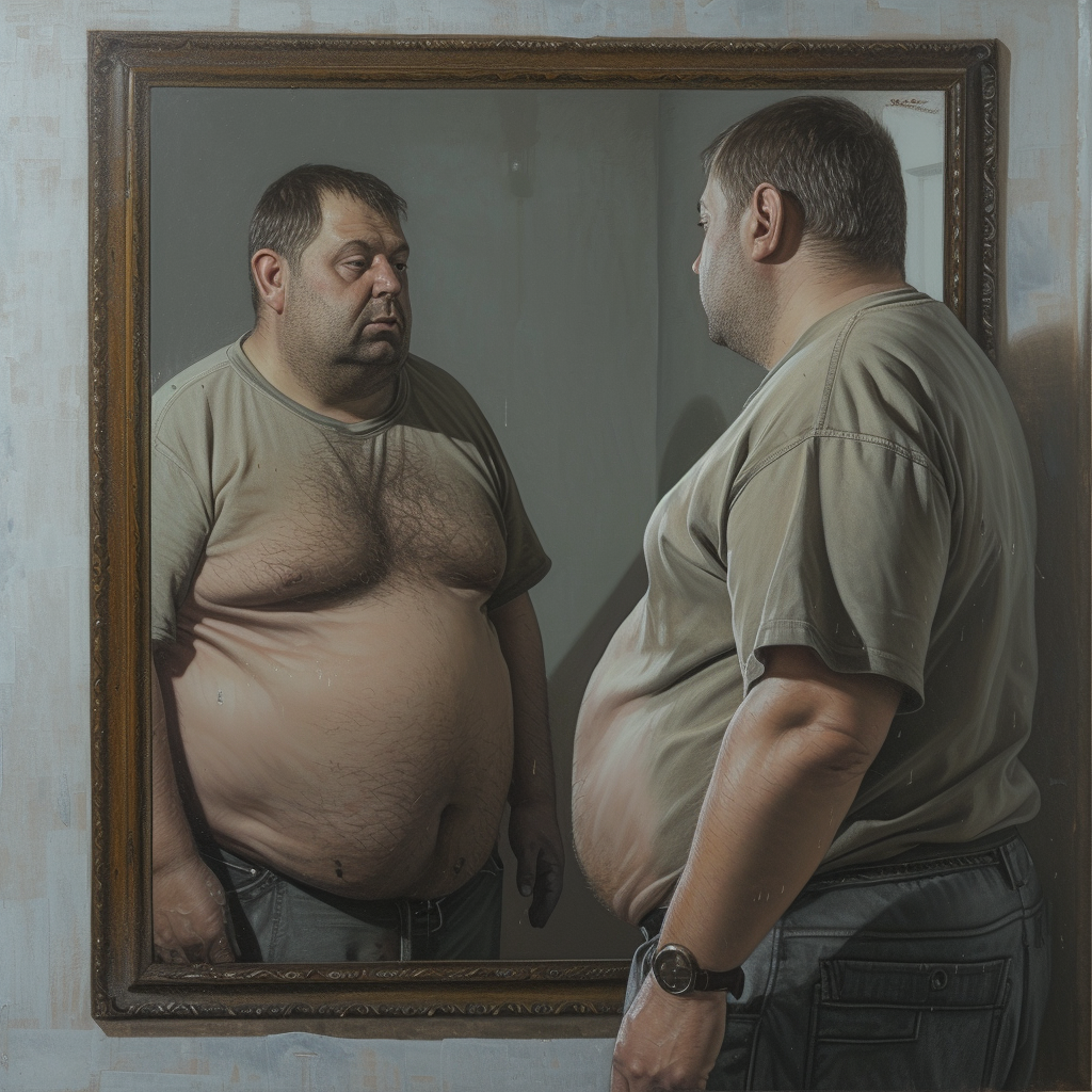 Fat Middle Aged Man Mirror Reflection