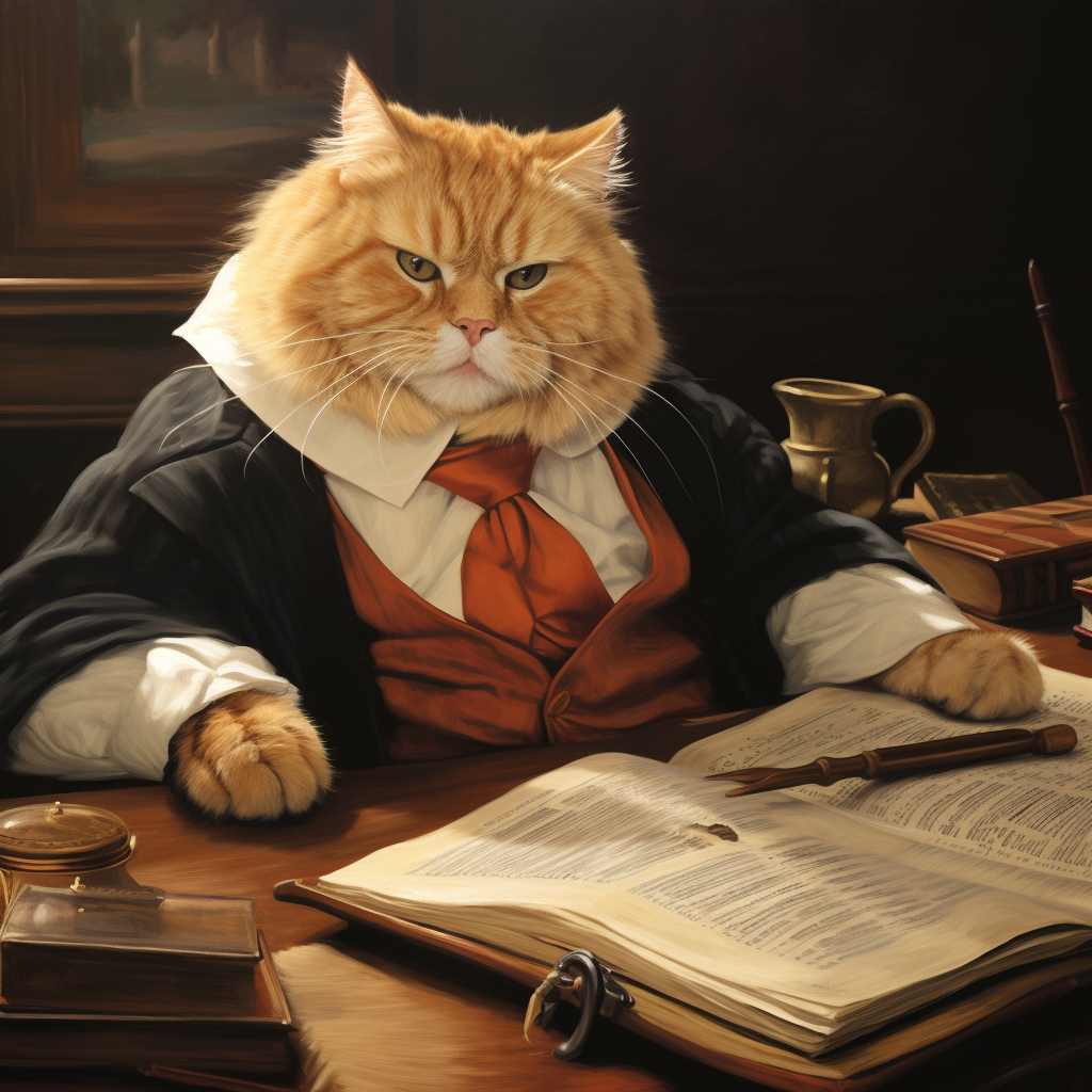 Adorable fat orange tabby cat in lawyer attire