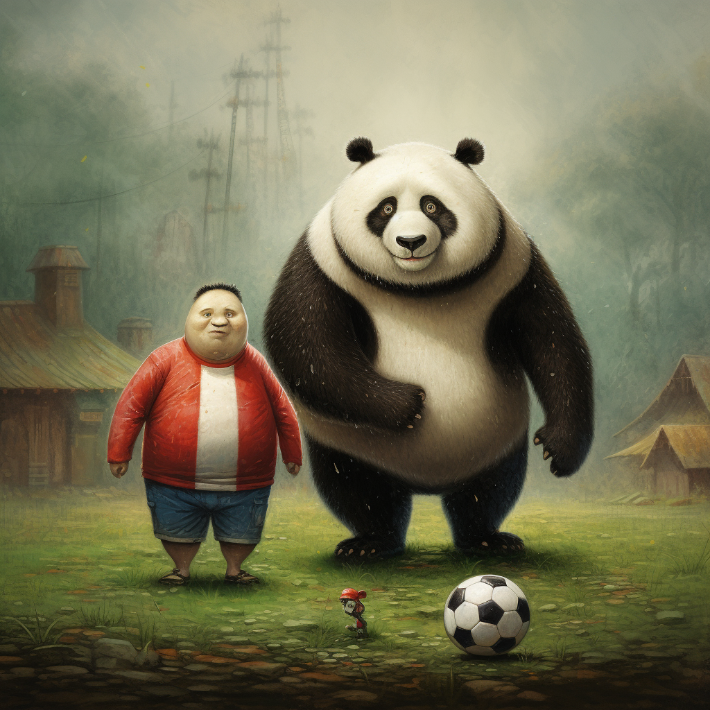 Fat panda and skinny dog playing soccer