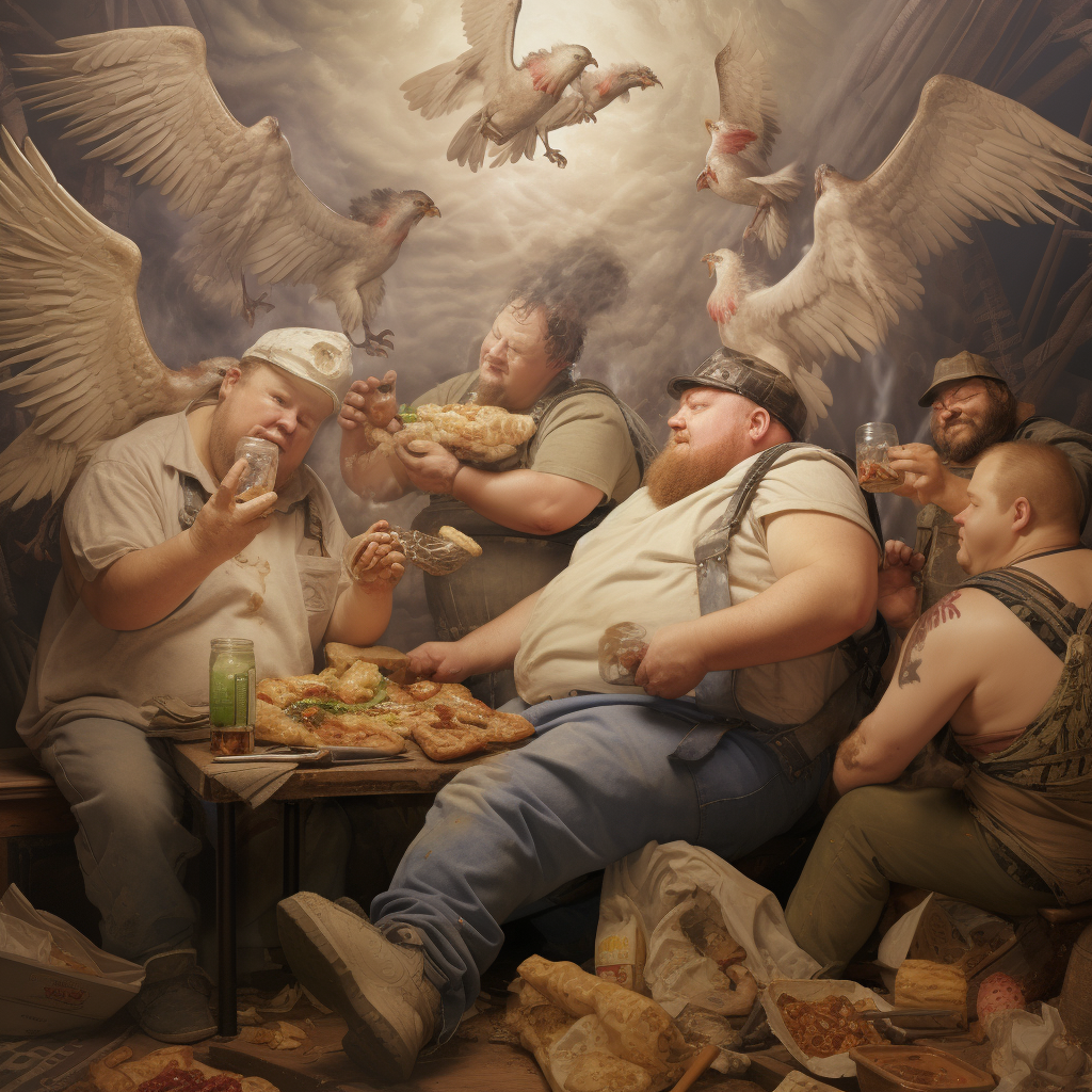 Fat rednecks enjoying greasy chicken feast