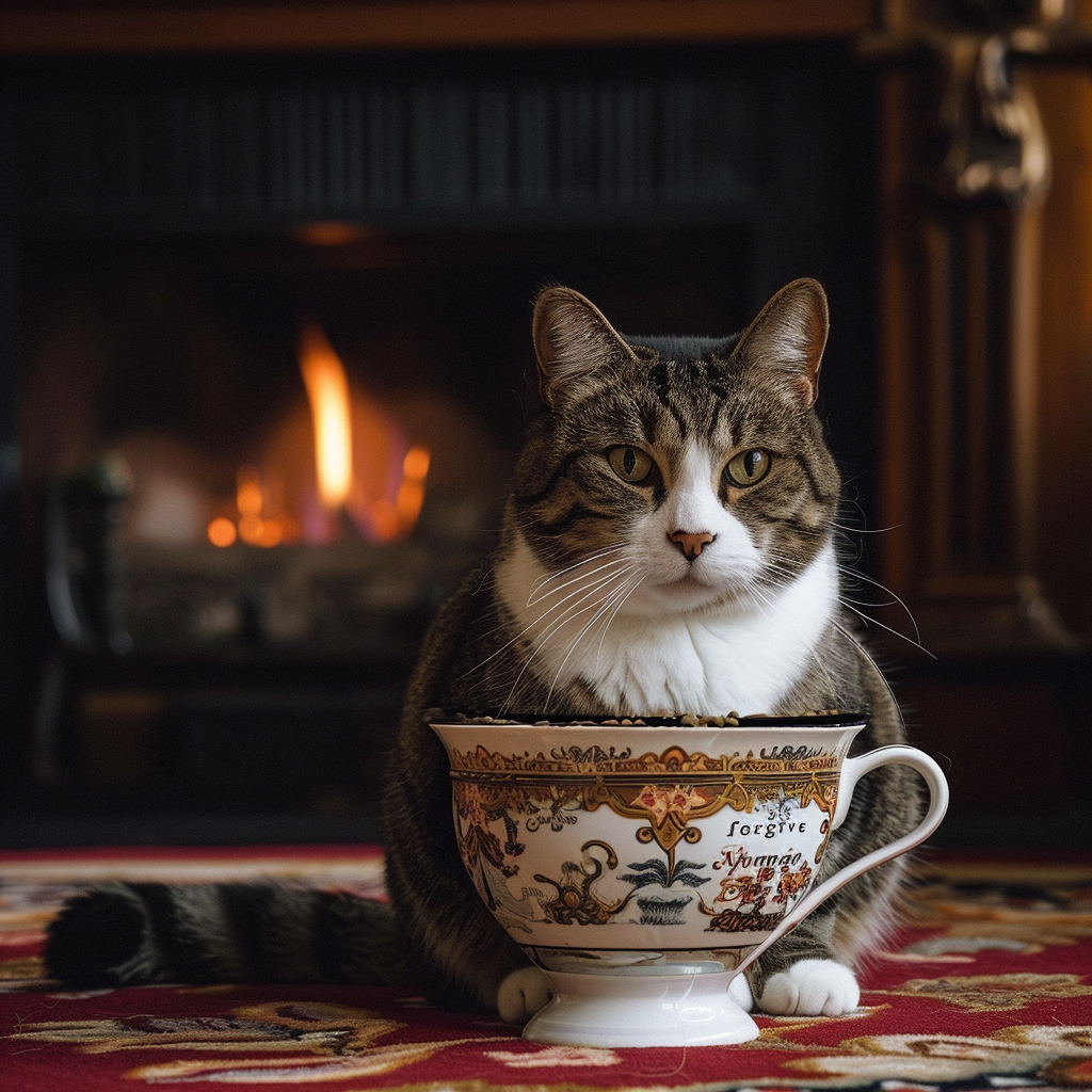 Fat Tabby Cat on Plush Luxury Carpet Eating Kibble