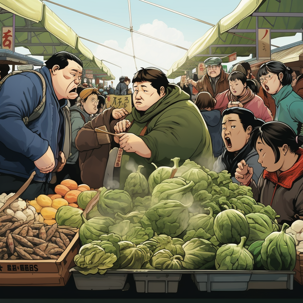 Fat Vegetable Seller Releasing Green Gas at Crowded Market