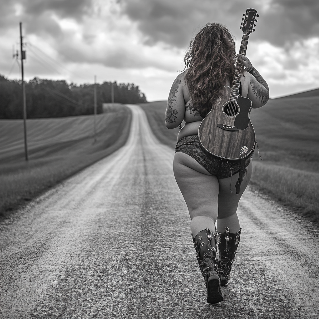 Woman with guitar on country road