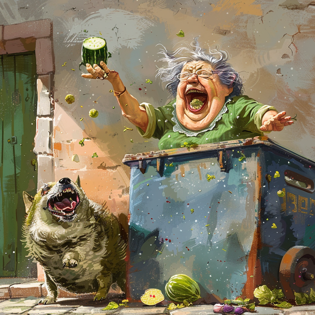 Fat lady laughing throwing cucumber dog surprised