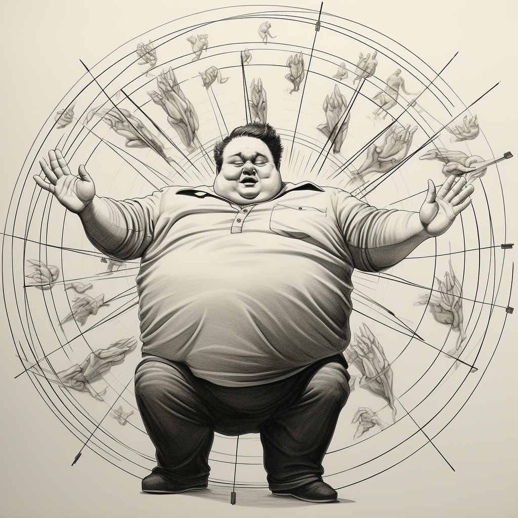 Line drawing of a fat man contorting around arrows