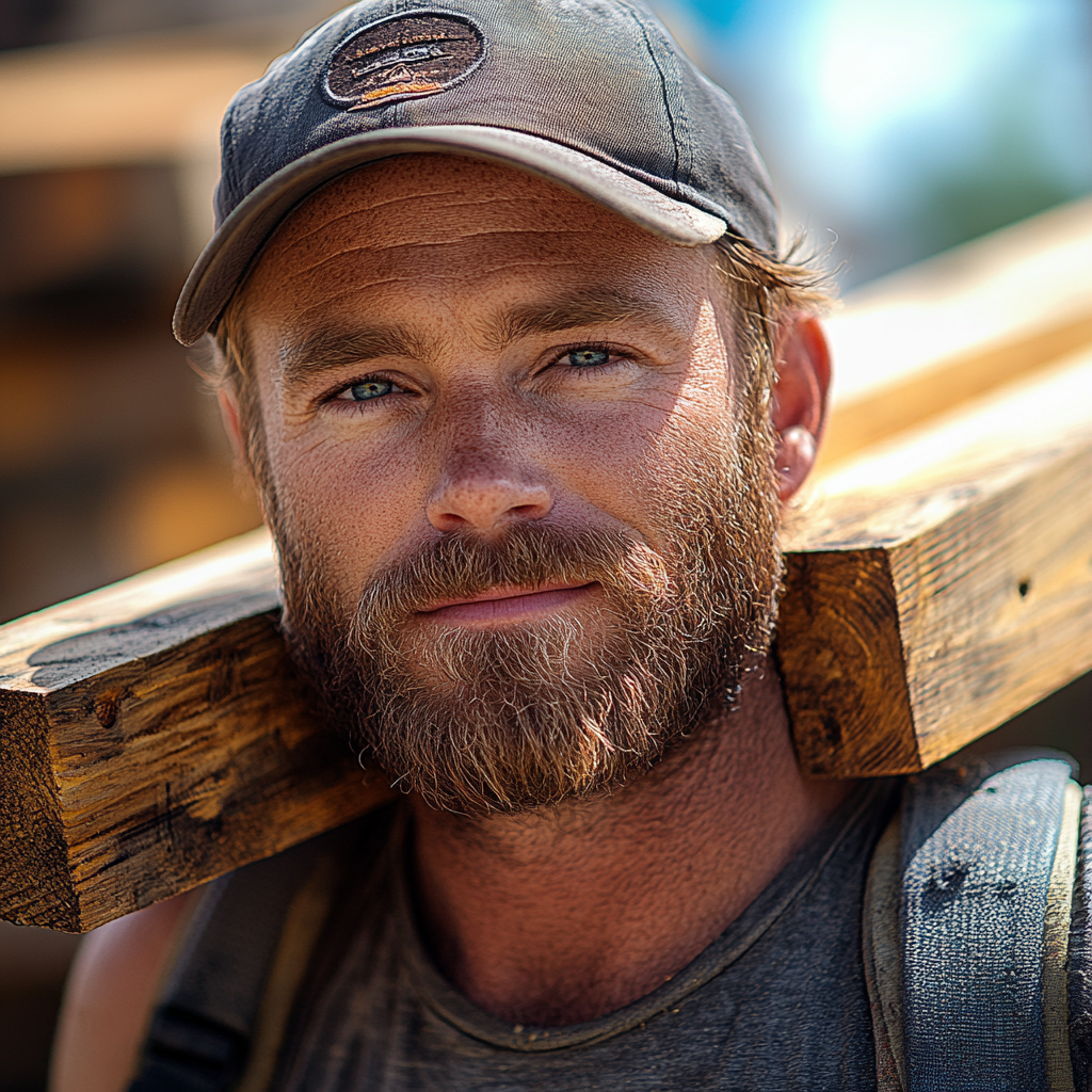 Redheaded man carrying wooden planks