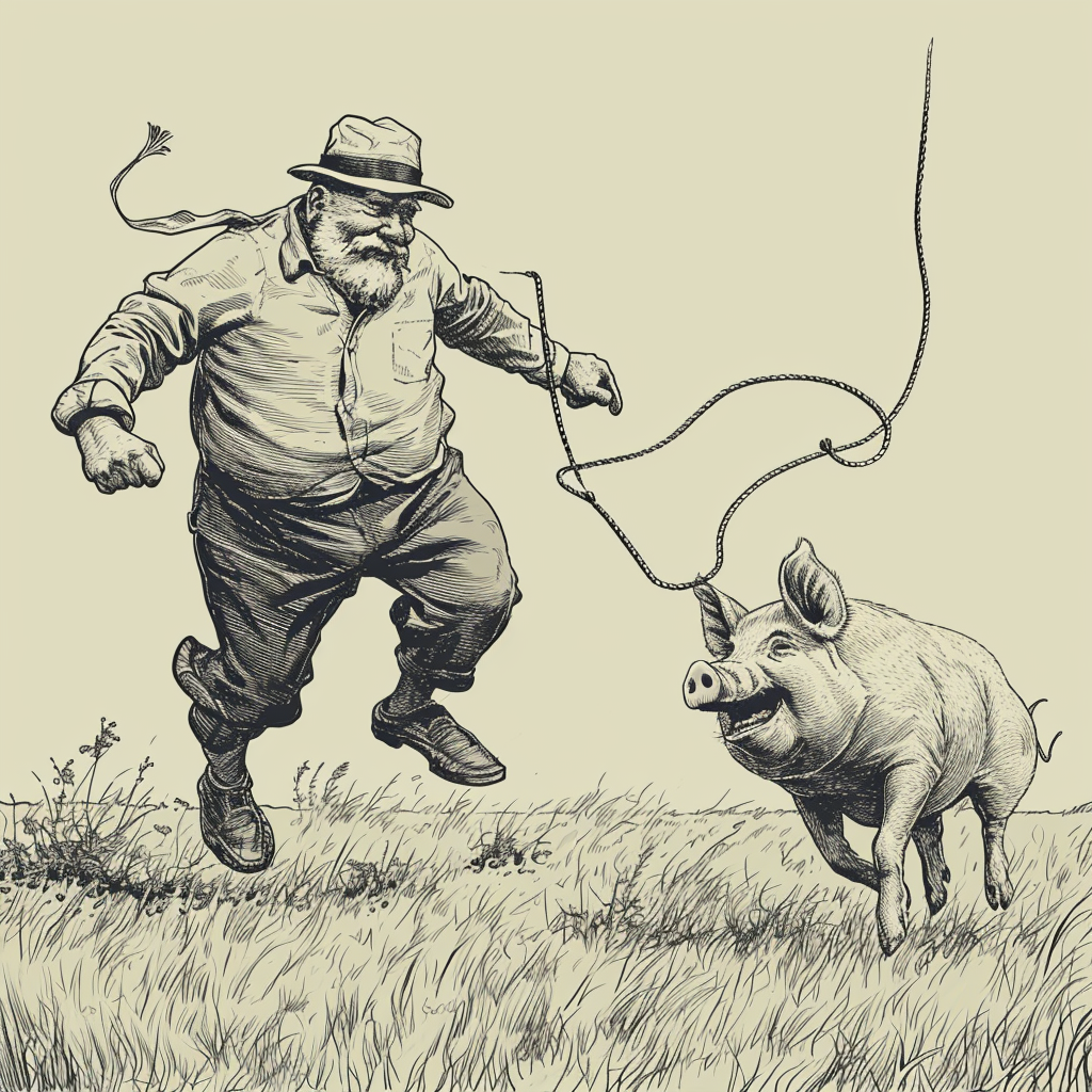 Fat Old Man Running to Catch Pig