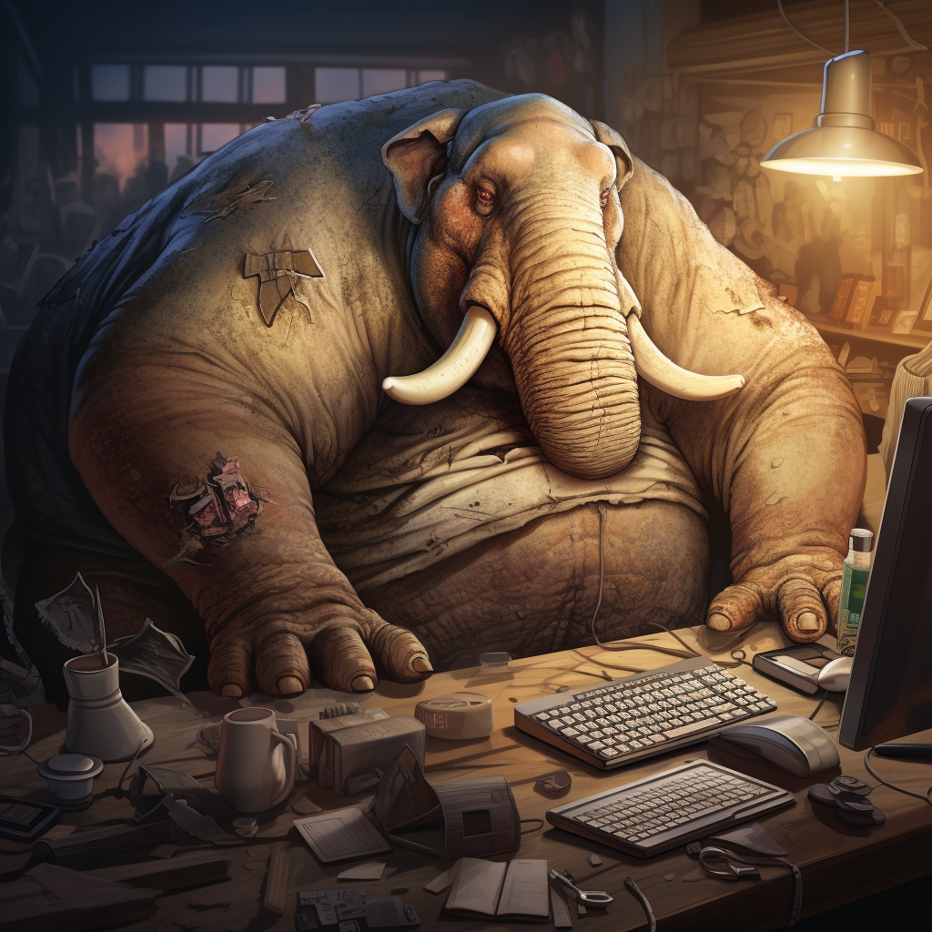 Miserable fat software engineer leaning on elephant bones