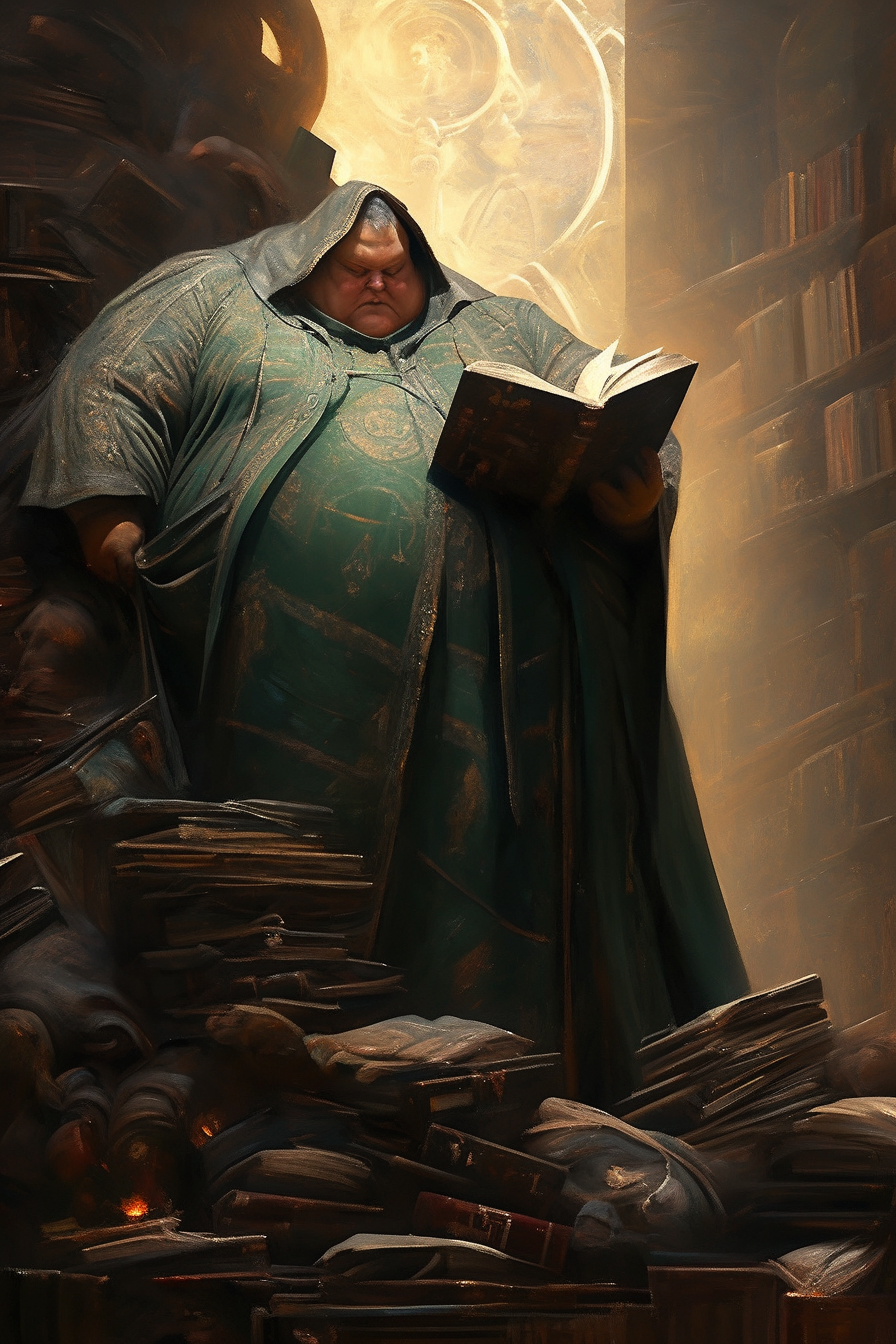 Fat wizard reading old books