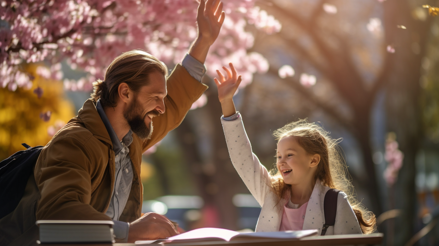 Father and daughter high five over completed homework