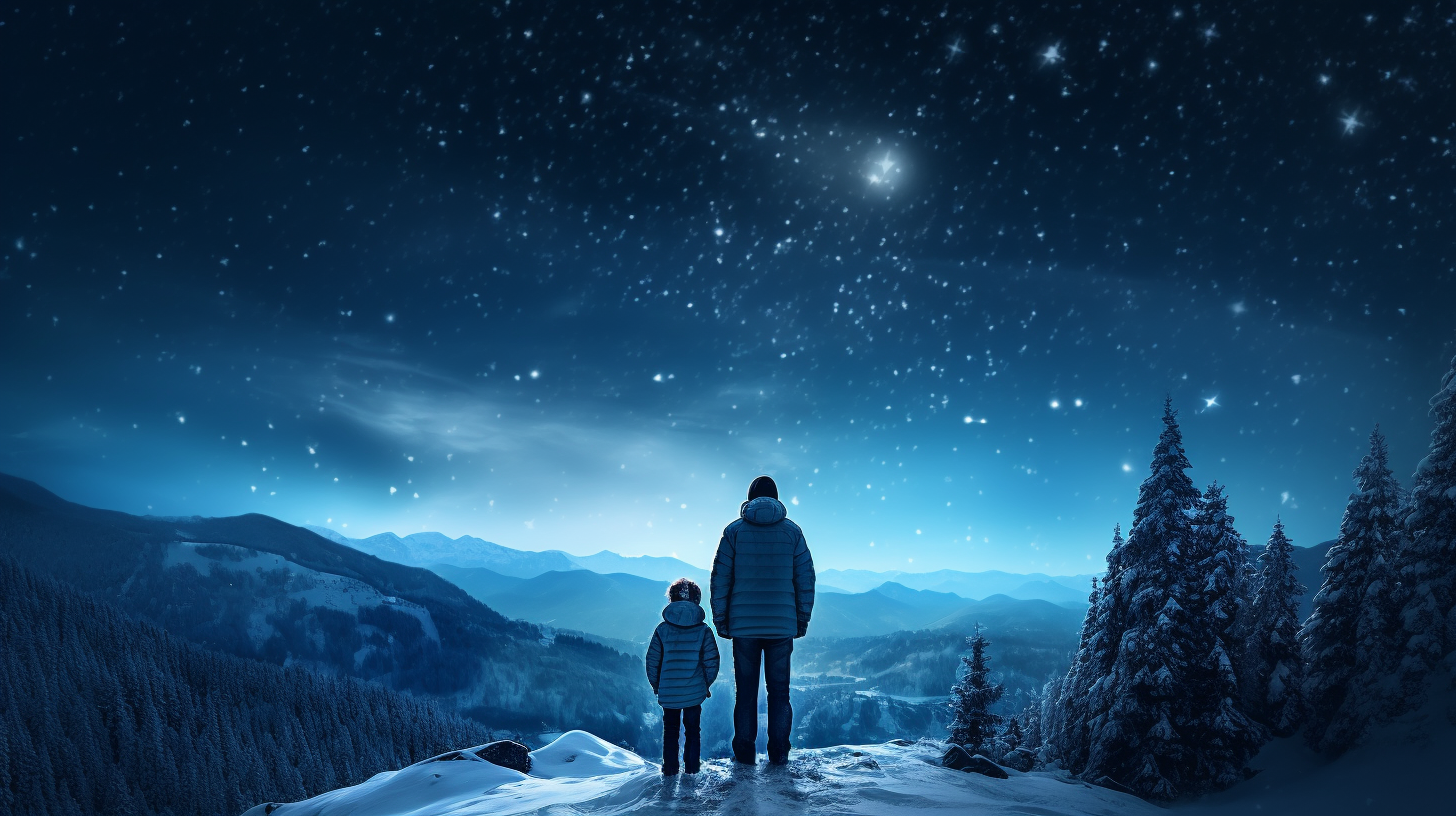 Father and daughter stargazing in winter night