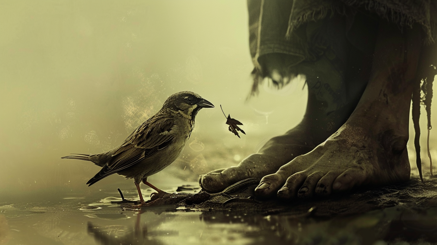 Father with dead bird by his feet