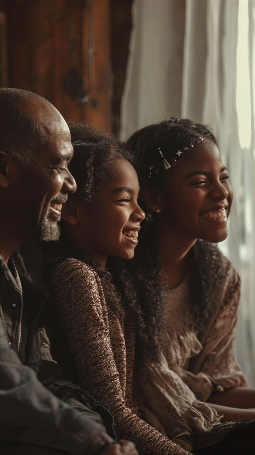 Father laughing with his two daughters