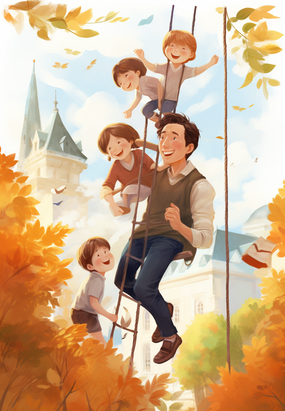 Father playing with kids in watercolor style