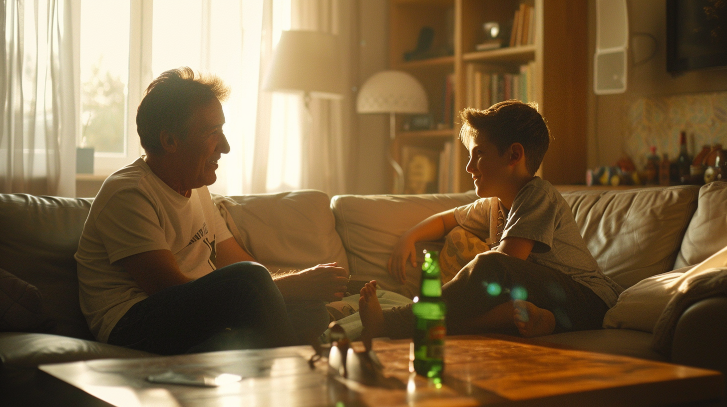 Father and Son Playing with Green Bottle