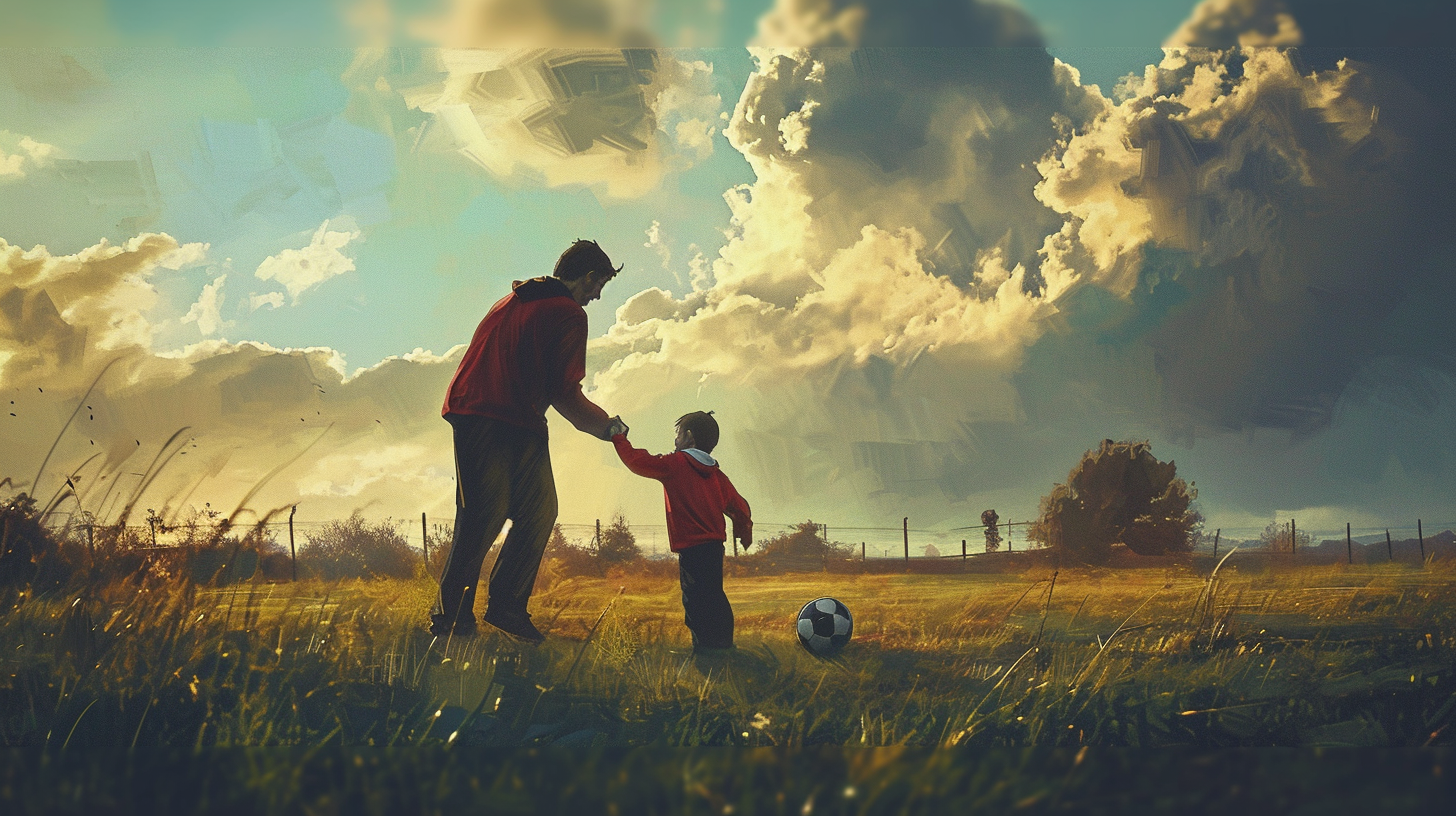 Father teaching son football in surreal atmosphere