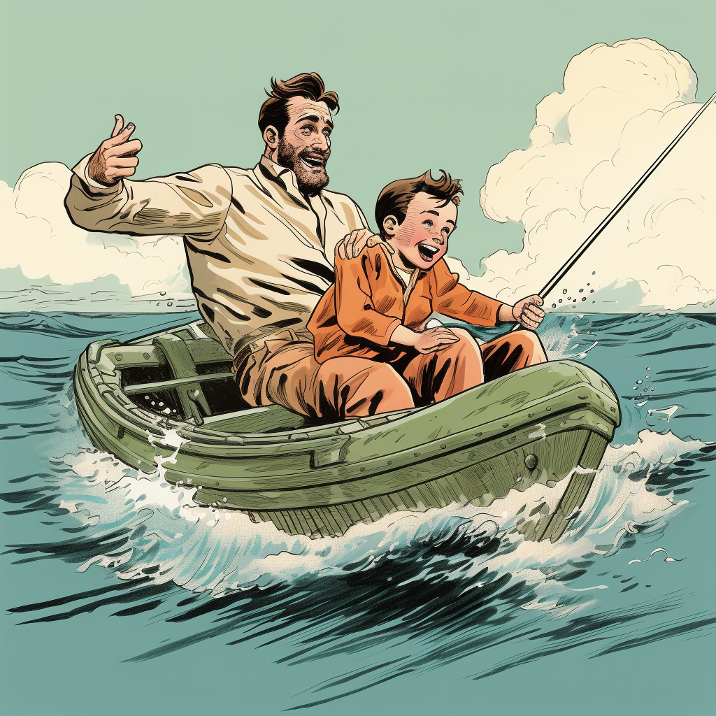 Cartoonish vintage comicbook illustration of father and son in an inflatable boat