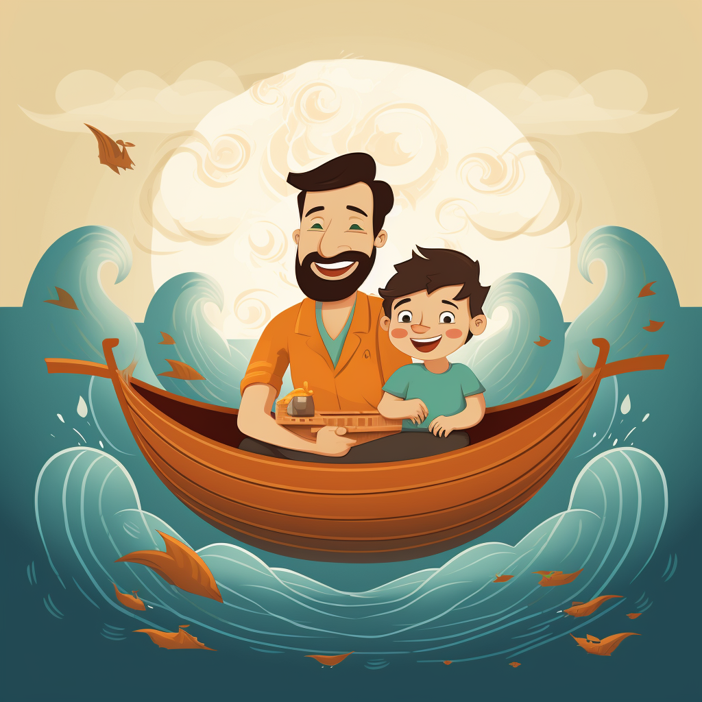 Cartoonish vintage image of father and son in inflatable boat