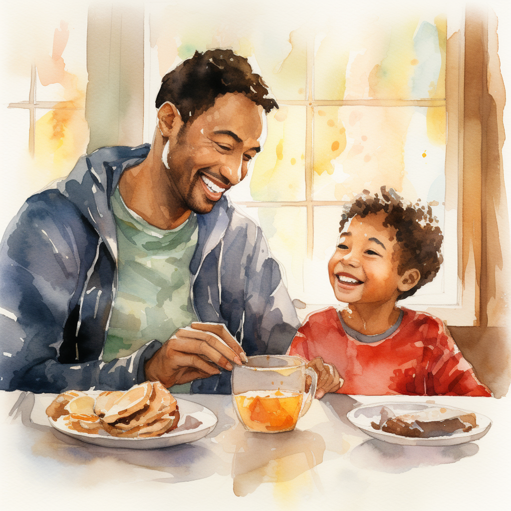 Cartoon illustration of diverse father and son eating breakfast