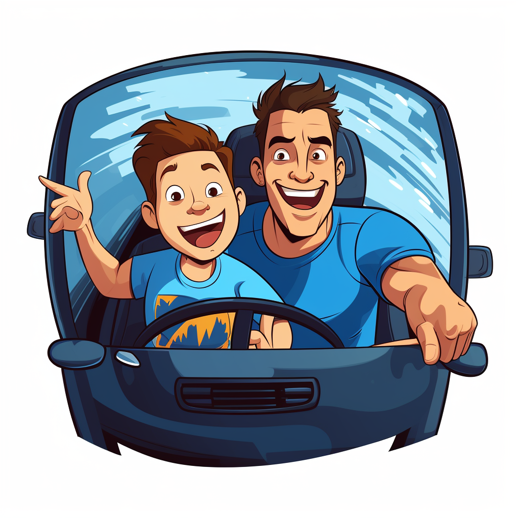 Father and son in car cartoon image