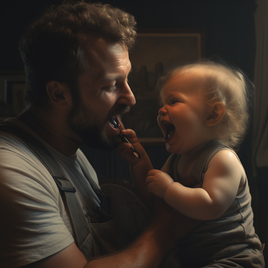 Father brushing baby's teeth gently