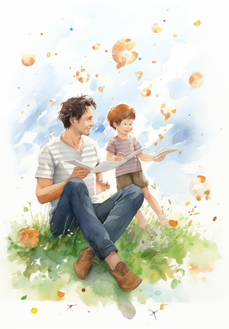 Father playing with kids in watercolor style