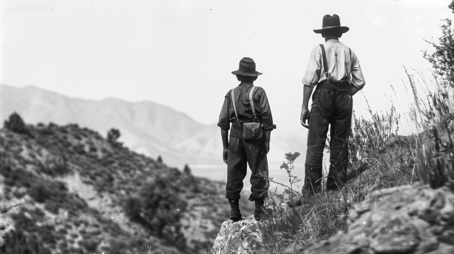 Vintage father and son hiking