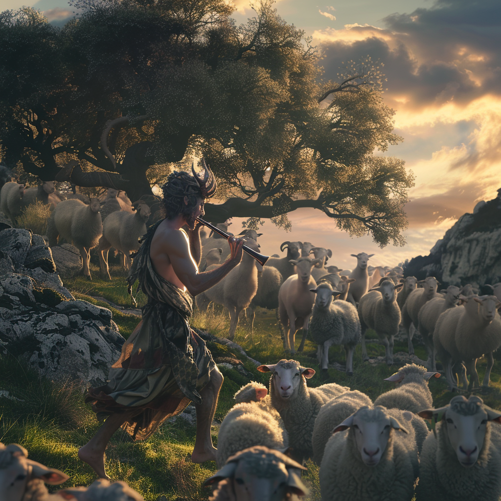 Faun playing flute with sheep