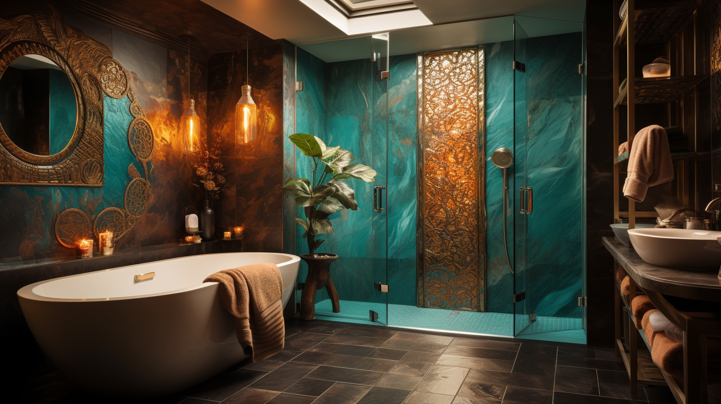 Beautifully designed bathroom suite with faux tortoise shell tiles