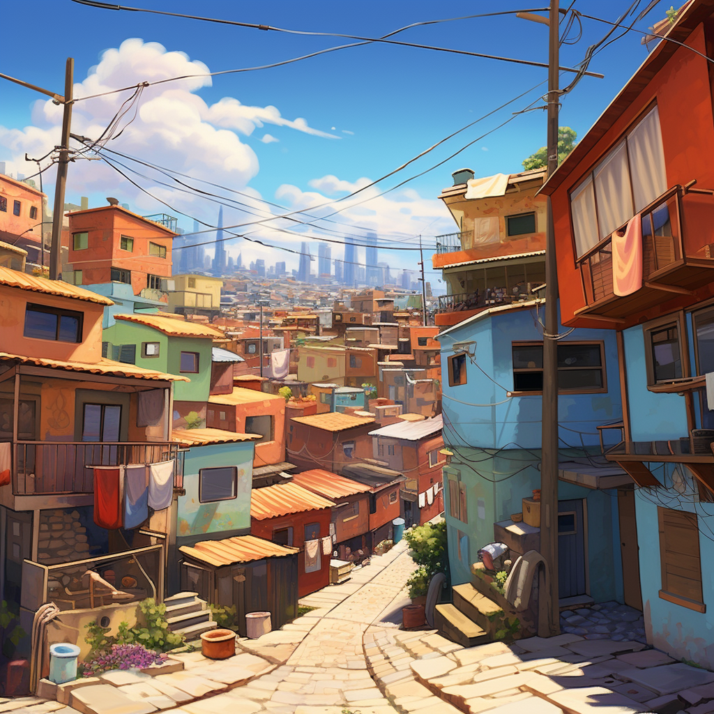 Vibrant favelas and frontierline scenery in Pixar animation style.