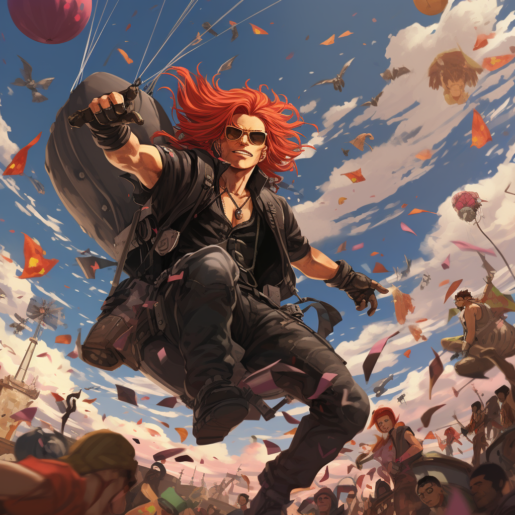 Muscle-bound man with red hair paragliding at festival