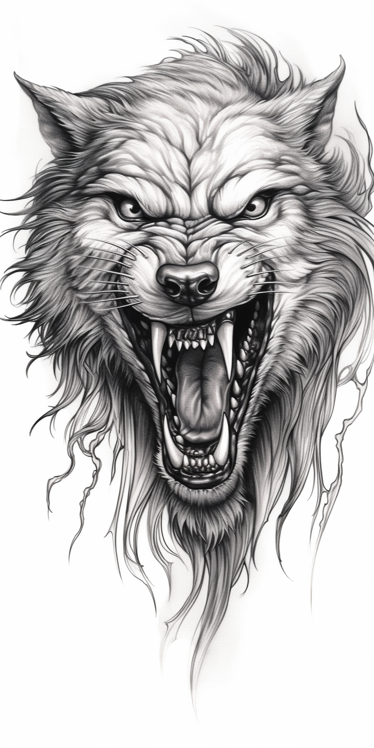 Realistic grayscale Fenrir wolf tattoo