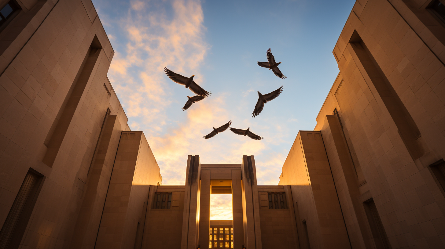 Majestic birds circling Federal Reserve building