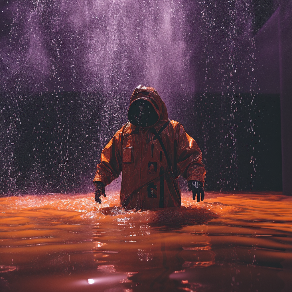 Grizzly Bear in Space Suit Emerging from Rainwater