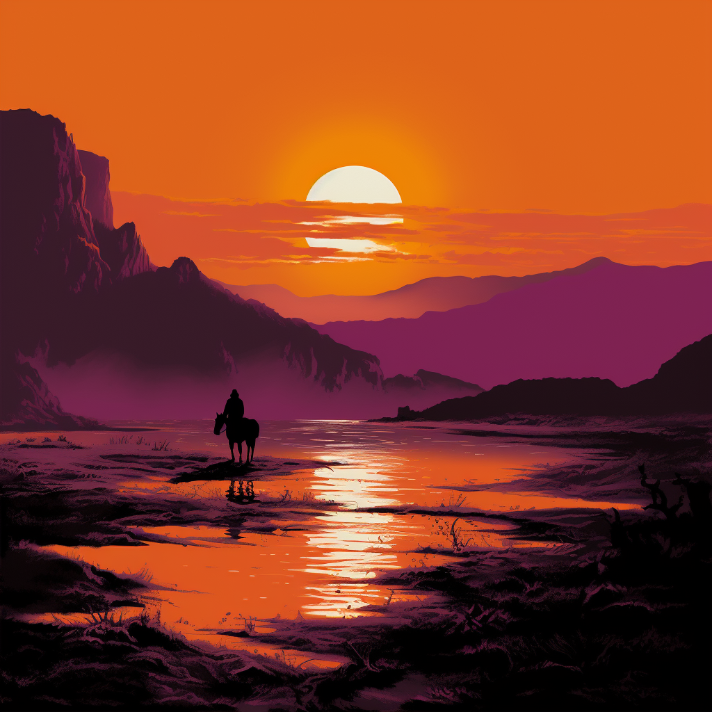 Dramatic orange and purple skies in Fellini-inspired western scene.