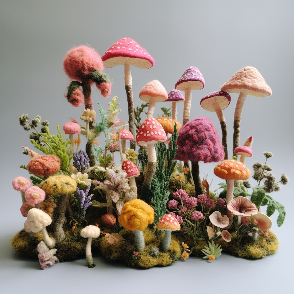 Colorful felted fungi made from flowers