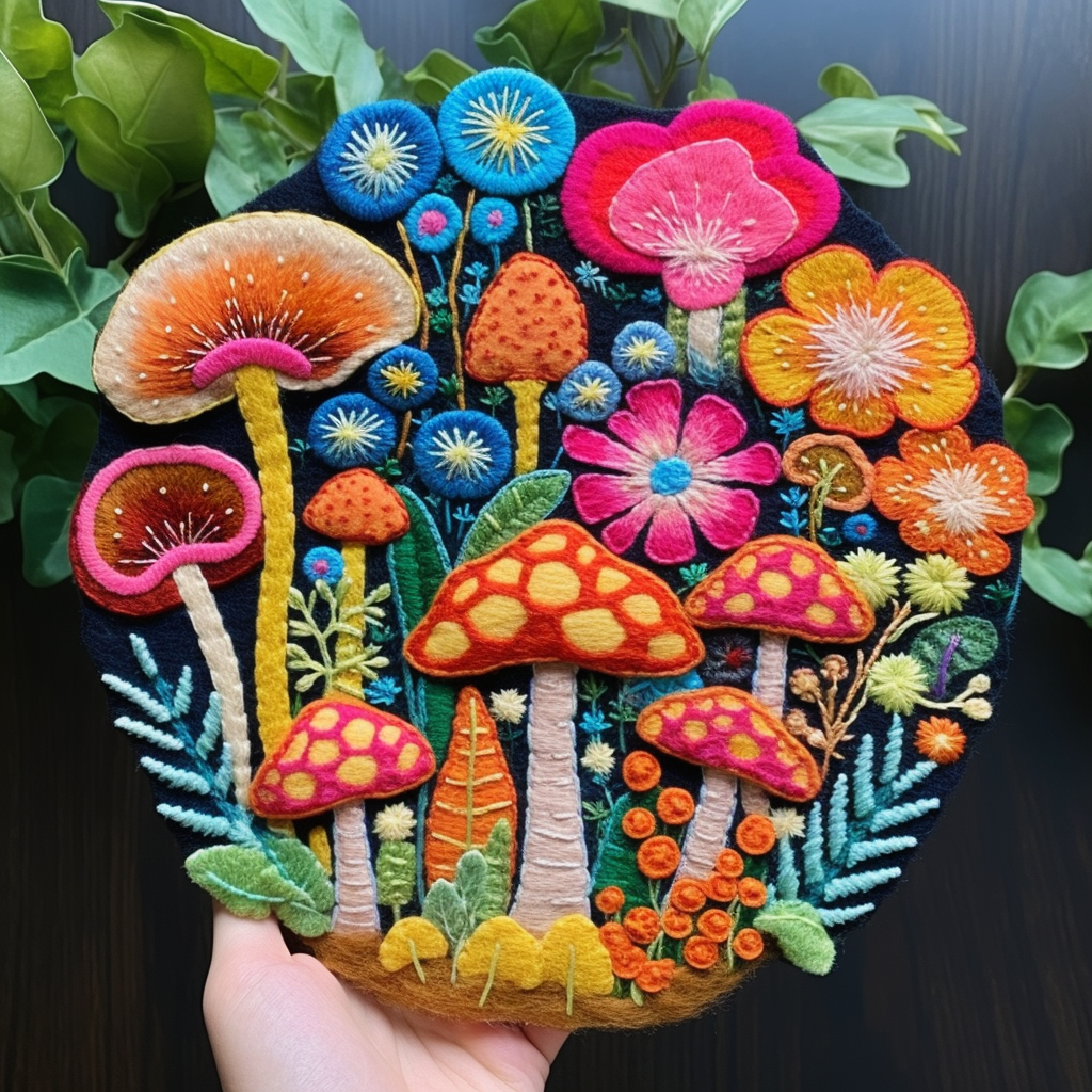 Colorful felted fungi made of flowers