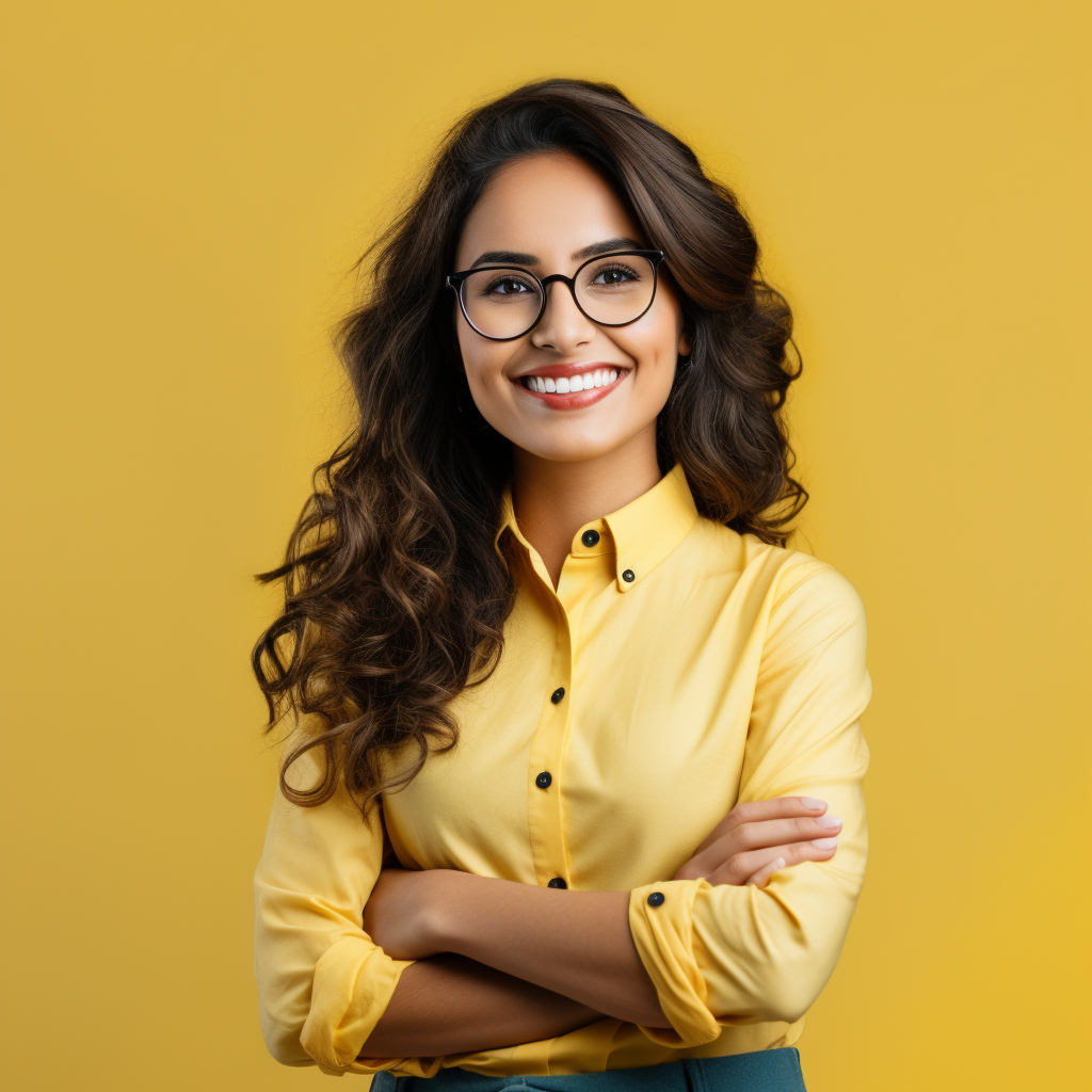 Smiling female accountant on yellow background