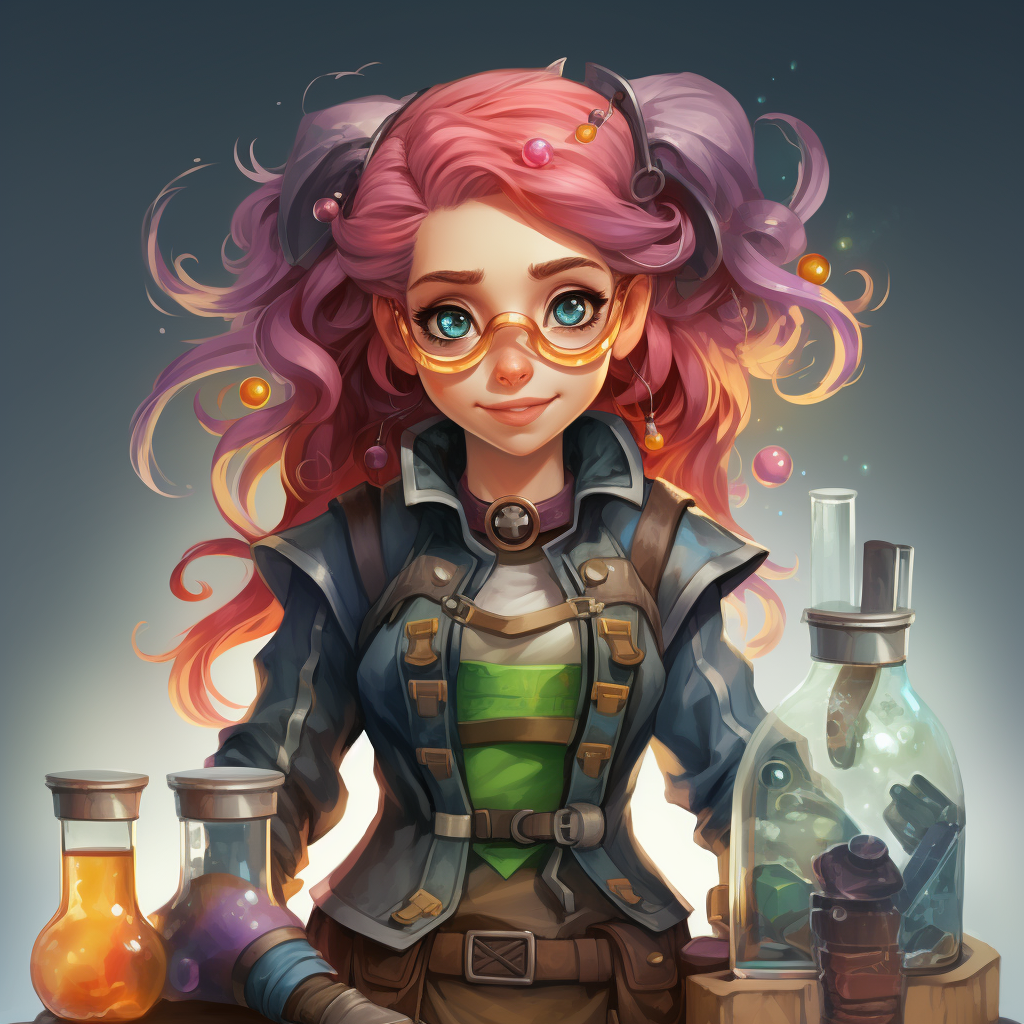 Cartoon of female alchemist with multicoloured hair and potions