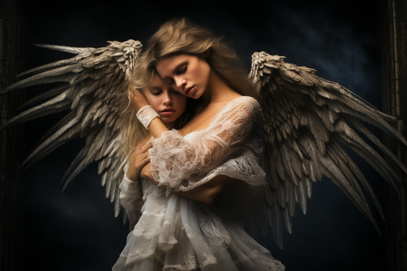 Powerful female angel comforting angry woman