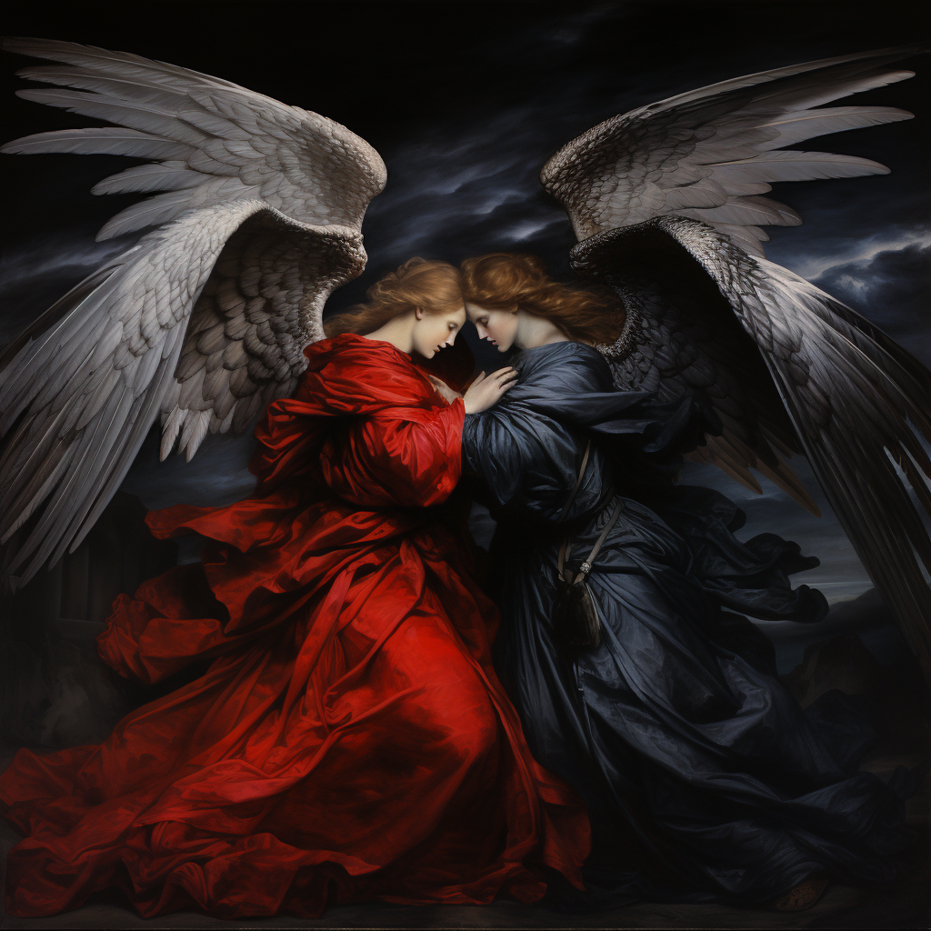 Hyperrealistic painting of two female angels embracing