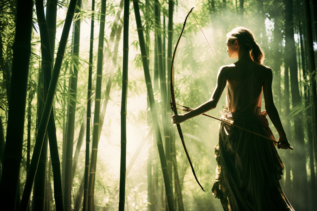 Female Archer in Dense Bamboo Forest